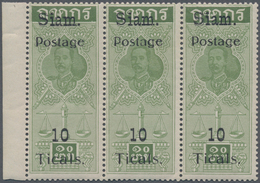 Thailand: 1907, 10 T.on Fiscal, A Left Margin Horizontal Strip Of Three, Pos. 3 First Mount In Margi - Thaïlande