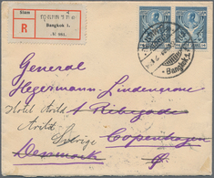 Thailand: 1910, 14 S. Blue, A Horizontal Pair Ted "Bangkok.1 22.7.11" To Registered Cover To Denmark - Thailand