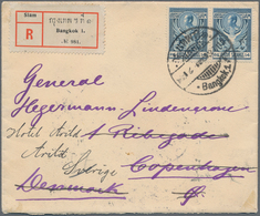 Thailand: 1910, 14 S. Blue, A Horizontal Pair Ted "Bangkok.1 22.7.11" To Registered Cover To Denmark - Thaïlande