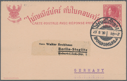 Thailand - Ganzsachen: 1928 P/s Double Card 10+10s. Addressed To Germany And Cancelled By Bangkok G. - Tailandia