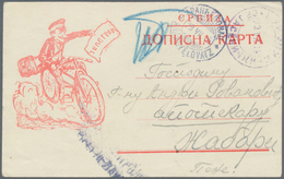 Thematik: Fahrrad / Bicycle: 1915 Censored Picture Postcard With Postman On Bicycle Holding A Telegr - Cyclisme
