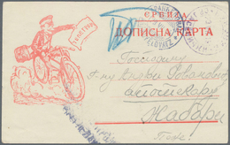 Thematik: Fahrrad / Bicycle: 1915 Censored Picture Postcard With Postman On Bicycle Holding A Telegr - Cycling