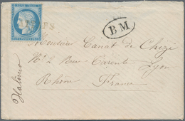 Algerien: 1875 Cover To Lyon, France Franked By French 1871 Ceres 25c. Blue Tied By Straight-liner " - Covers & Documents