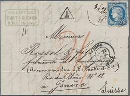 Algerien: 1876, Complete Folded Letter Franked With French Stamp 25 C Blue From BONE To Geneve/Switz - Lettres & Documents