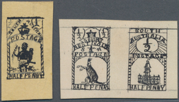 Südaustralien: 1890's, Stamp Design Competition Three Handpainted ESSAYS (each 11 X 29 Mm) In Black - Brieven En Documenten