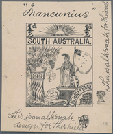 Südaustralien: 1890's, Stamp Design Competition Handpainted ESSAY (38 X 48 Mm) In Black Ink On Thick - Cartas & Documentos
