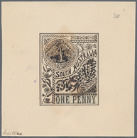 Südaustralien: 1890's, Stamp Design Competition Handpainted ESSAY (40 X 46 Mm) In Sepia Ink On Card - Cartas & Documentos