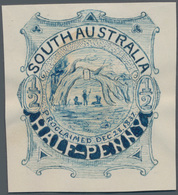 Südaustralien: 1890's, Stamp Design Competition Handpainted ESSAY (42 X 49 Mm) In Blue Ink On Thick - Brieven En Documenten