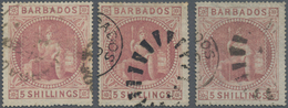 Barbados: 1873, Britannia 5s. Dull Rose With Wmk. Small Star (sideways) Three Stamps With Minor Shad - Barbades (1966-...)