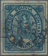 Bolivien: 1868, Condor 50 C. Bluewith Black Postmark, Full Margins All Around, Signed. (Scott 6). ÷ - Bolivie