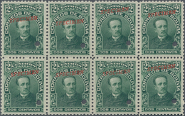 Bolivien: 1901, Politician 2c. Green 'Eliodoro Camacho' Block Of Eight With Punch Holes And Red Opt. - Bolivien