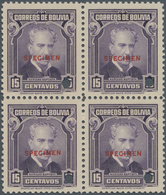 Bolivien: 1935, President Mariano Baptista 15c. Violet Block Of Four With Punch Holes And Red Opt. S - Bolivië