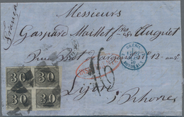 Brasilien: 1849-50 'Verticais' 30r. Black BLOCK OF FOUR Used On Folded Address Sheet To France In 18 - Usados