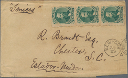 Brasilien: 1866, Pedro 100r. Bluish Green, Vertical Strip Of Three (one Stamp Tear), Unobliterated O - Used Stamps