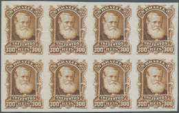 Brasilien: 1878-79, 300 R. Bister Imperf Block Of Eight On White Wove Paper, Vertical Crease At Left - Gebruikt