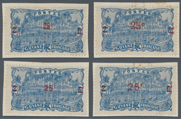 Französisch-Guyana: 1924, Revaluation Overprints, 25c. On 2fr. Blue, Four Different Essays Of Overpr - Autres & Non Classés