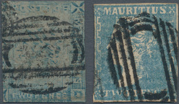 Mauritius: 1859 Two Used Singles, With 1) 'Lapirot' 2d. Blue On Bluish Paper, Worn Impression, Cut A - Mauritius (...-1967)