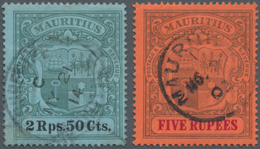 Mauritius: 1902, Coat Of Arms Definitives 2r.50c. Green And Black/blue And 5r. Purple And Carmine/re - Mauricio (...-1967)