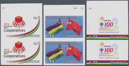 Mauritius: 2012, Anniversaries And Events Complete Set Of Three In Vertical IMPERFORATE Pairs From U - Mauritius (...-1967)