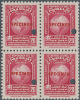 Paraguay: 1940, 50 Years Pan-American Union 20p. Carmine (map Of America) Block Of Four With Punch H - Paraguay
