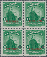 Paraguay: 1940, Centenary Of Death Of Dictator Rodrigues De Francia 1p. Green Block Of Four With Pun - Paraguay