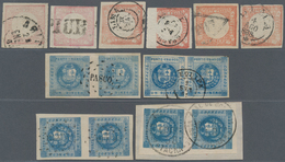 Peru: 1858/1868 (ca.), Interesting Group With 30 Imperforate Stamps With 1din. Blue (18 Incl. Four P - Perù