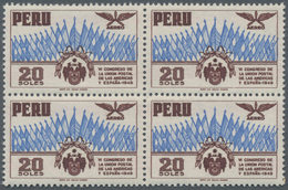 Peru: 1951, 75th Anniversary Of UPU Without Overprint, 5c.-20s., Complete Set Of Nine In Blocks Of F - Perú