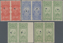 Uruguay: 1910 (ca.), Five Revenue Stamps (coat Of Arms) 0.40c. Red, 7.50p. Blue And 15p., 20p. + 25p - Uruguay