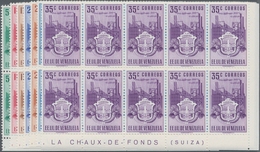 Venezuela: 1951, Coat Of Arms 'CARABOBO' Normal Stamps Complete Set Of Seven In Blocks Of Ten From L - Venezuela