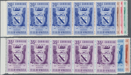 Venezuela: 1952, Coat Of Arms 'MIRANDA' Normal Stamps Complete Set Of Seven In Horizontal Strips Of - Venezuela