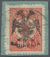 Albanien: 1913, Double Headed Eagle Overprints, 15pi. Vermillion Used On Piece Neatly Cancelled, Sig - Albanië