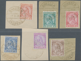 Albanien: 1913, 2 Q Red-brown/yellow To 1 Fr Dark-brown/brown On Pieces, All With Gold Cancel (1.000 - Albanië