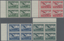 Albanien: 1928, Airmails, 5q.-3fr., Complete Set Of Seven Values In Marginal Blocks Of Four, Mint Ne - Albanië