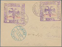 Albanien - Ganzsachen: KORCE, 1914, Stationery Envelope Bearing DOUBLE Imprint 25 Pa Red On Violet, - Albanie