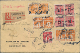 Dänemark: 1923, Surcharges 27 Ö./7 Ö. (block-4), 8 Ö./7 Ö. Pair, 1 Ö. (4, Two Pairs) Tied "KJOBENHAV - Otros & Sin Clasificación