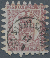 Finnland: 1866: COLOUR ERROR 10p. Carmine-brown On Pale Lilac Laid Paper, Rouletted Type III, Used A - Usati