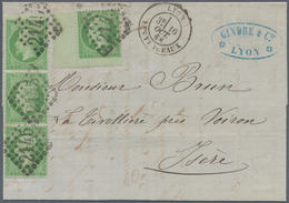 Frankreich: 1862, 5 C Green Napoleon, Vertical Strip Of 3, Together With A Further Stamp From Left S - Ongebruikt