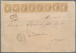 Frankreich: 1871, Bordeaux Issue 10c. Bistre, Report 1, HORIZONTAL STRIP OF SEVEN And Single Stamp, - Ungebraucht