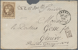 Frankreich: 1871, 10 C Brown Full-/wide Margins On A Small Cover From Cannes To Switzerland, Envelop - Ungebraucht