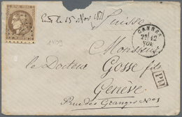 Frankreich: 1871, 10 C Brown Full-/wide Margins On A Small Cover From Cannes To Switzerland, Envelop - Neufs