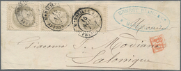 Frankreich: 1872 Ceres 4c. Grey Vertical Strip Of Three Used On Small Wrapper From Marseilles To Sal - Ungebraucht