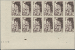 Frankreich: 1945, 100th Birthday Of Sarah Bernhardt 4+1fr. IMPERFORATED Block Of 12 From Lower Left - Ungebraucht