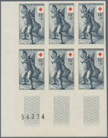 Frankreich: 1955, RED CROSS Set Of Two 'Sculptures' In IMPERFORATED Blocks Of Six From Lower Left Co - Unused Stamps