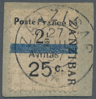 Französische Post In Zanzibar: 1897, 2½ A + 25 C On Light Blue, Emergency Issue On Piece With A Cent - Sonstige & Ohne Zuordnung