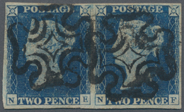 Großbritannien: 1840 2d. Blue Horizontal Pair, Lettered N-E/N-F, Used And Cancelled By Two Superb St - Other & Unclassified