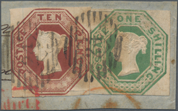 Großbritannien: 1847-54 Embossed 1s. Green (Die 2) And 10d. Brown (Die 3) Used On Small Piece Of Reg - Sonstige & Ohne Zuordnung