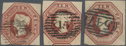 Großbritannien: 1848, QV Embossed Octagonal 10d. Brown Three Singles With Barred Numerals '10', '15' - Other & Unclassified