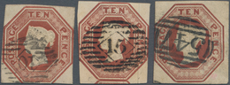 Großbritannien: 1848, QV Embossed Octagonal 10d. Brown Three Singles With Barred Numerals '10', '15' - Andere & Zonder Classificatie