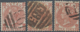 Großbritannien: 1867, QV 10d. Red-brown With Wmk. Spray Of Rose Plate 1 Three Singles Lettered 'BA', - Autres & Non Classés