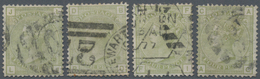 Großbritannien: 1877, QV 4d. Sage-green With Wmk. Large Garter Plate 15 Four Singles Lettered 'JL', - Altri & Non Classificati